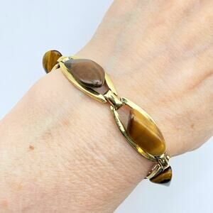 Vintage Signed ALBON 846 Tiger's Eye Chain Bracelet Australia Gold Tone 6.25"